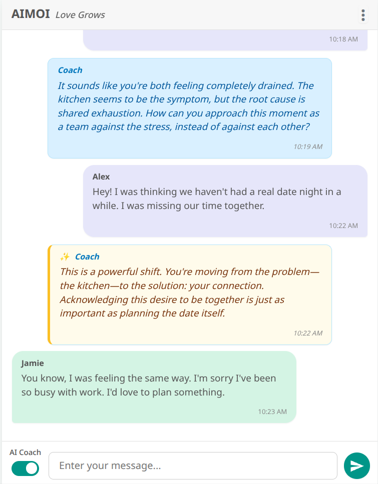 The AIMOI app showing a positive resolution and an AI insight.